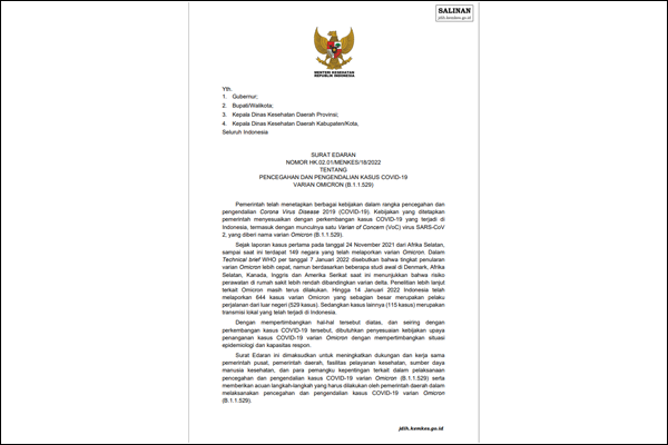SURAT EDARAN NOMOR HK.02.01/MENKES/18/2022 TENTANG PENCEGAHAN DAN PENGENDALIAN KASUS COVID-19 VARIAN OMICRON  (B.1.1.529)